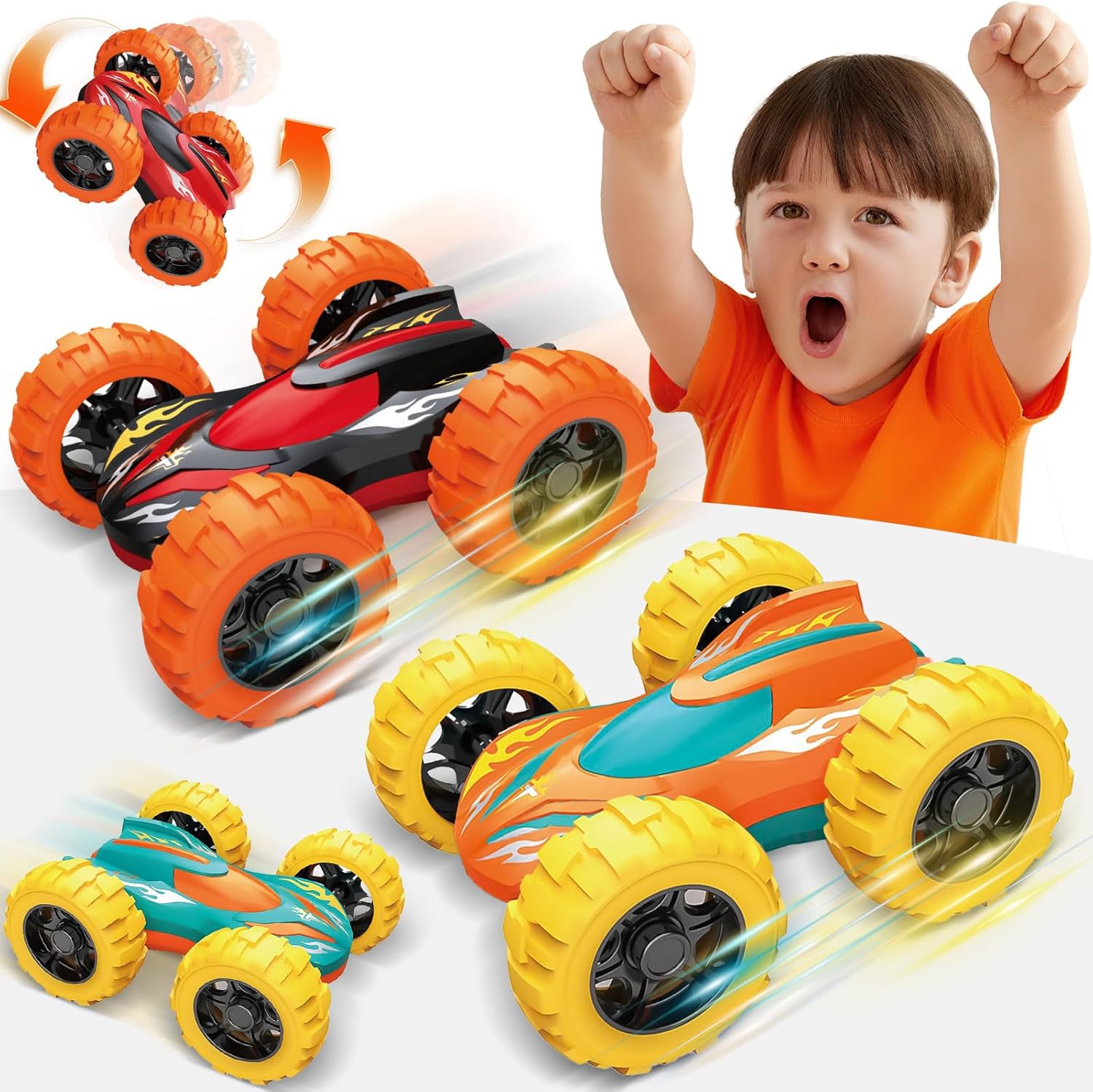 Car Toys for Ages 3-5 Boys, Push and Go Monster Truck Toys for 3 4 5 Year Old Kids, Double-Sided 360° Flip Stunt Car Baby Toy, Sturdy 4WD Cars Toddler Boy Toy, Christmas Birthday Gifts for Boys Girls